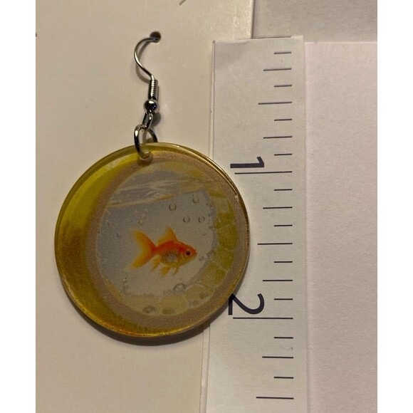 Earrings Goldfish In Yellow Aquarium Round Dangle Whimsical Funny Quirky Modern - Picture 5 of 6